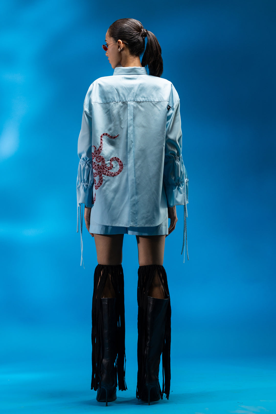 Sky blue shirt with octopus tentacle embroidery