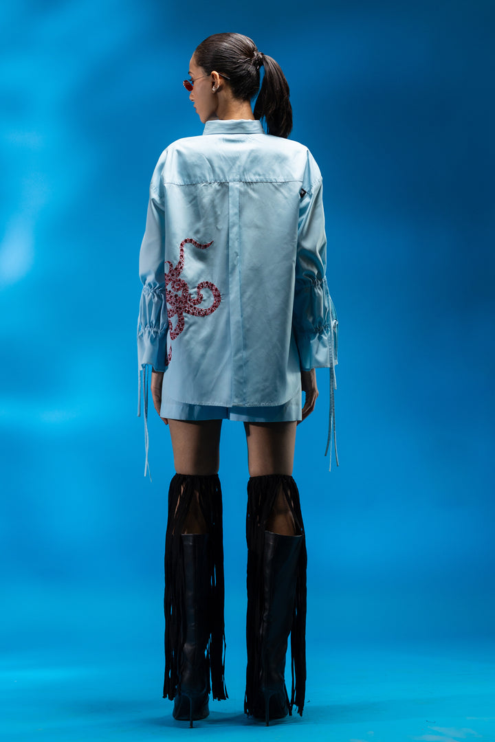 Sky blue shirt with octopus tentacle embroidery