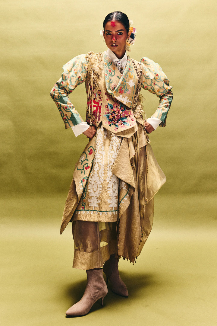 Emb Engineered Draped Jacket With 3D Sleeves + Layered Skirt + Shirt