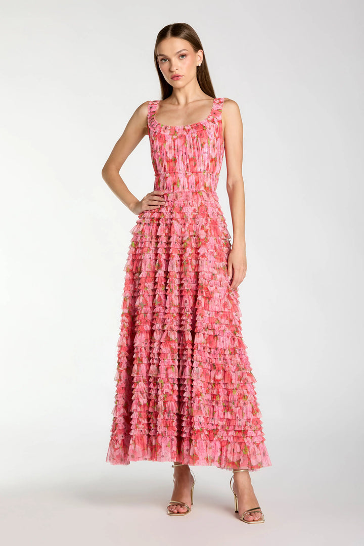 Pink Multicolor Floral Printed Ruffle Maxi Dress