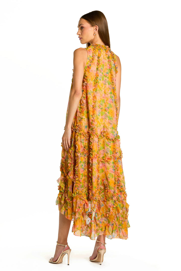 Yellow Sleeveless Floral Micro Ruffle Trapeze Midi Dress