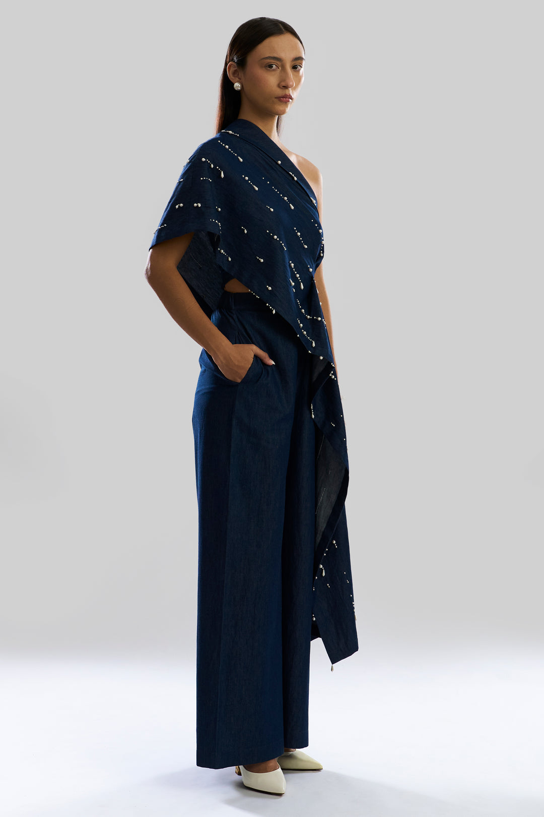 Pearfall Asymmetrical Denim Top