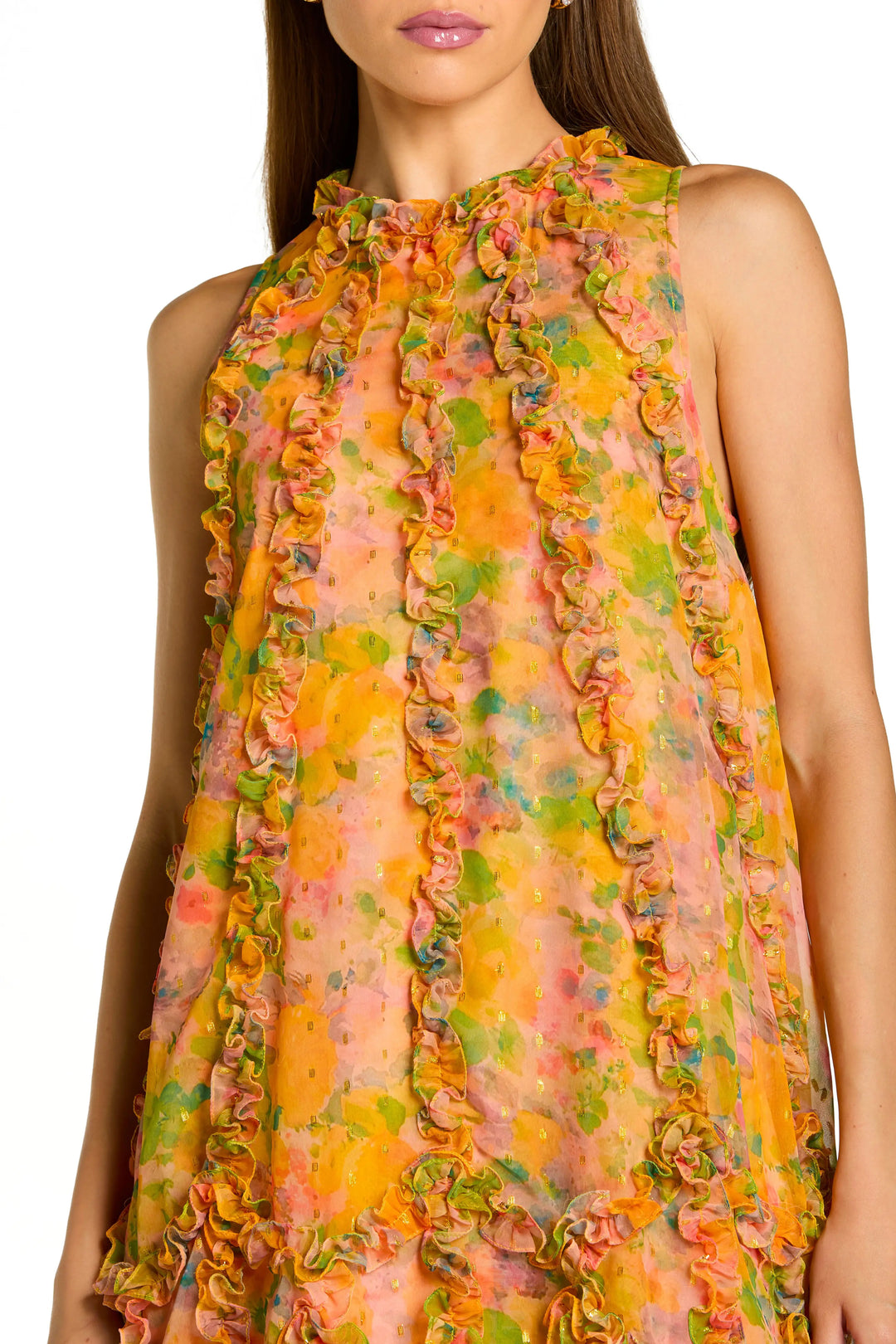 Yellow Sleeveless Floral Micro Ruffle Trapeze Midi Dress