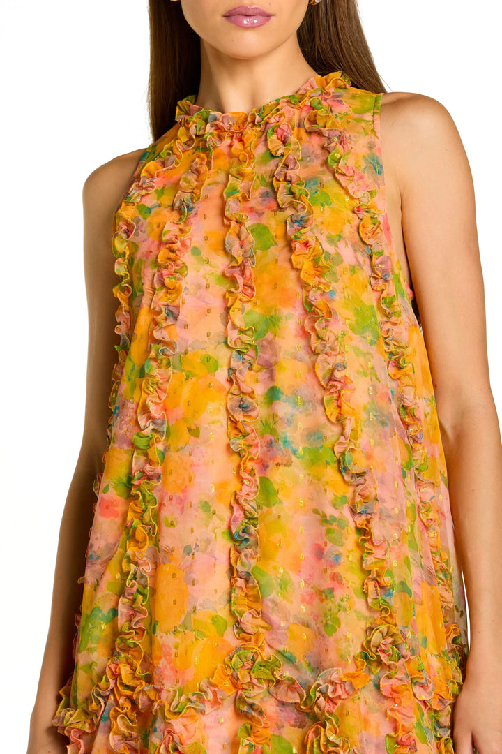Yellow Sleeveless Floral Micro Ruffle Trapeze Midi Dress