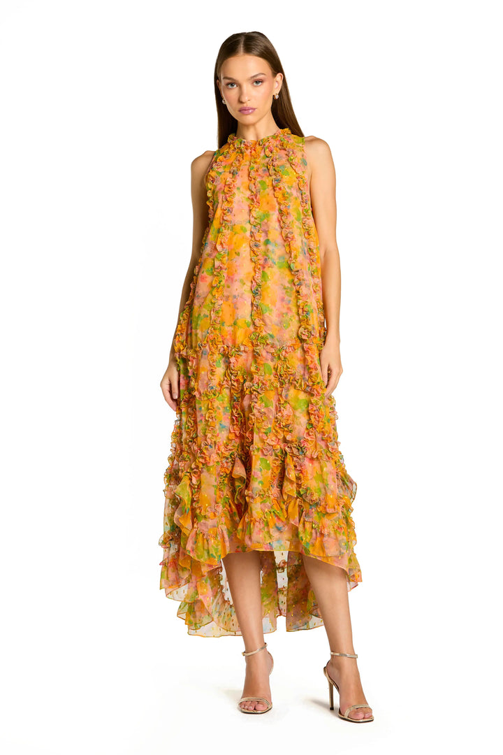 Yellow Sleeveless Floral Micro Ruffle Trapeze Midi Dress