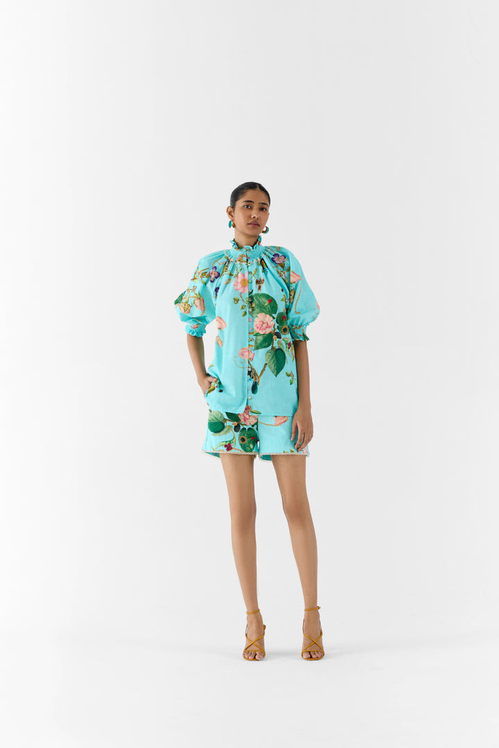 BLUE BLOSSOM RUCHING SHIRT & SHORTS