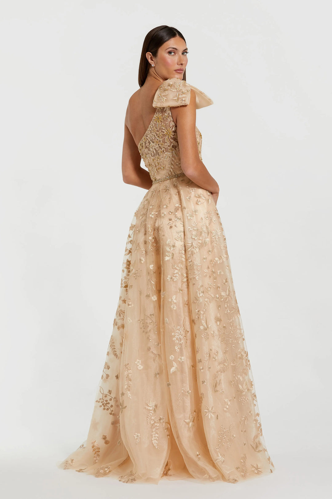 Beige Embellished Bow One Shoulder A Line Gown