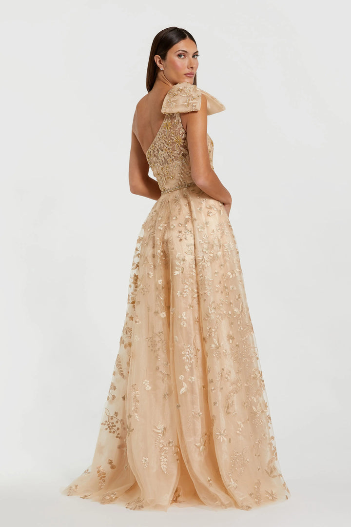 Beige Embellished Bow One Shoulder A Line Gown