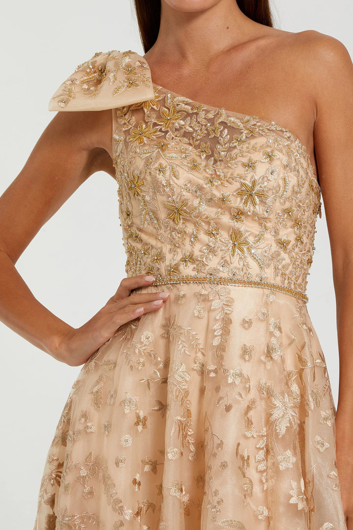 Beige Embellished Bow One Shoulder A Line Gown