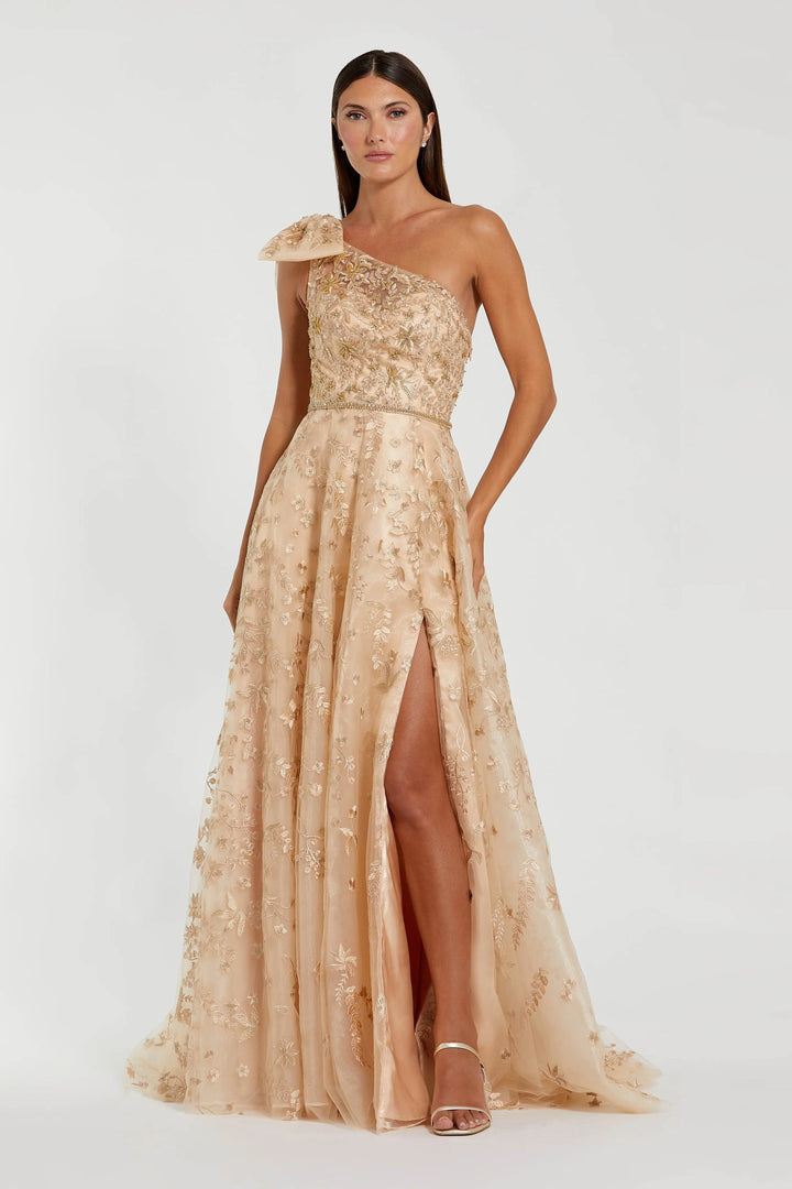 Beige Embellished Bow One Shoulder A Line Gown