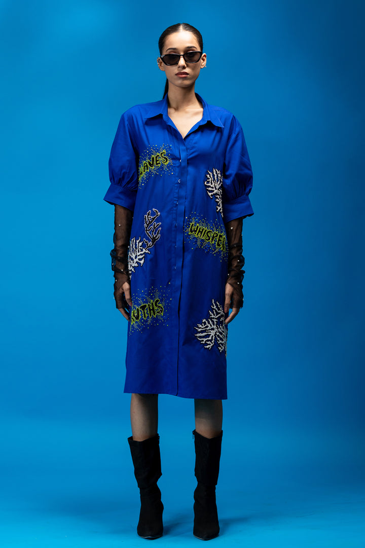 Hand embroidered shirt dress - Royal Blue
