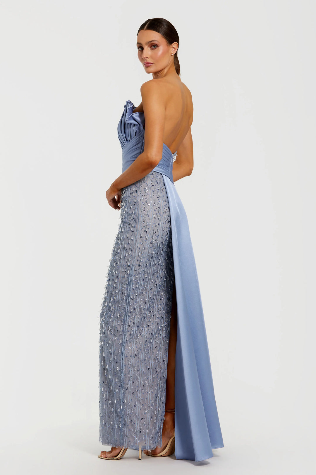 Blue Beaded Lace Column Gown with Satin Sash