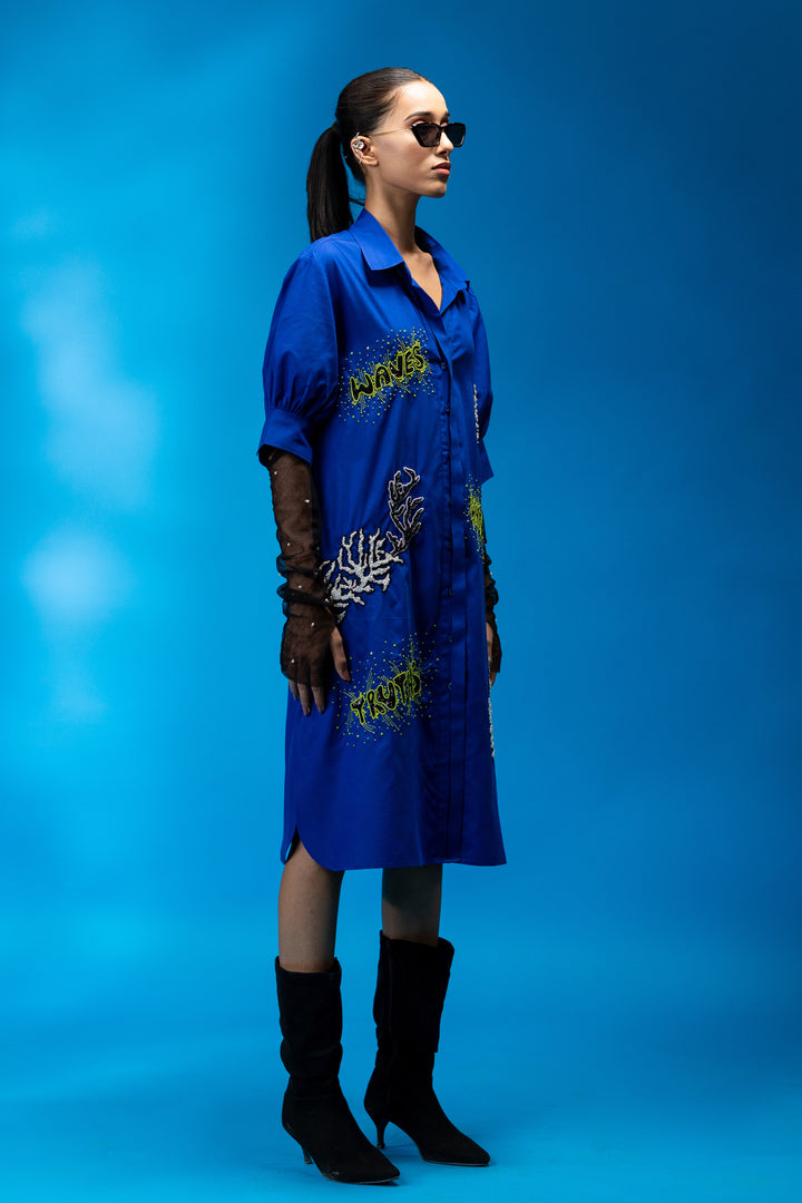 Hand embroidered shirt dress - Royal Blue