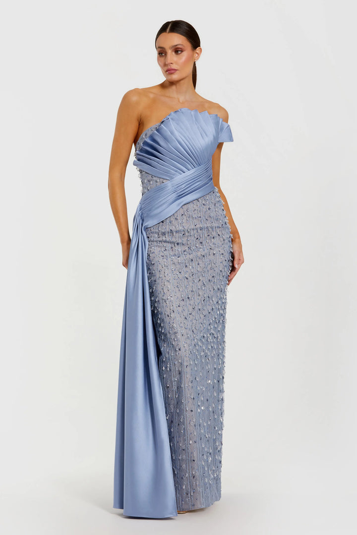 Blue Beaded Lace Column Gown with Satin Sash