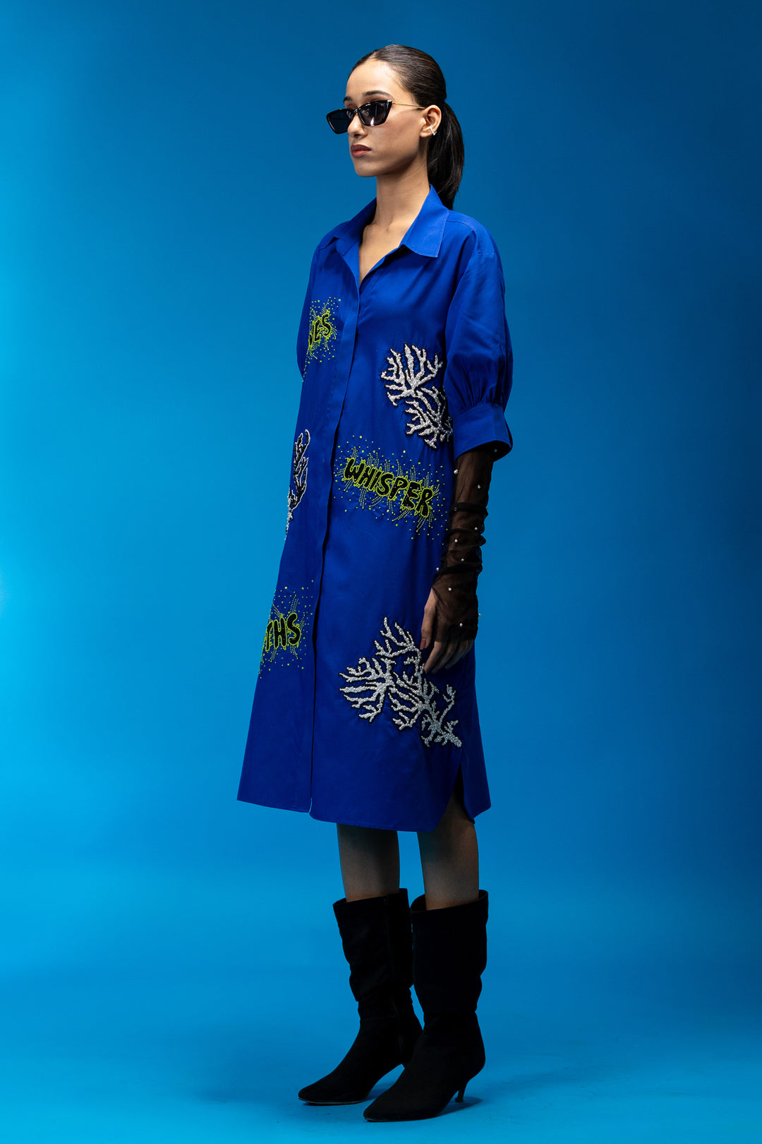 Hand embroidered shirt dress - Royal Blue
