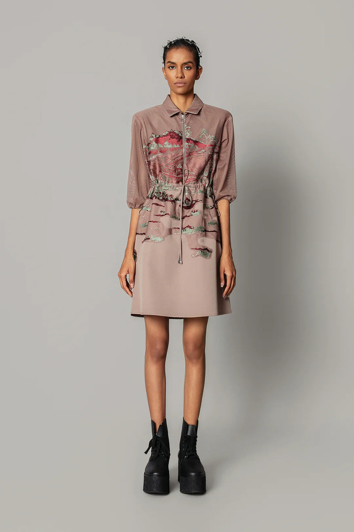Brown hokusai embroidered short dress