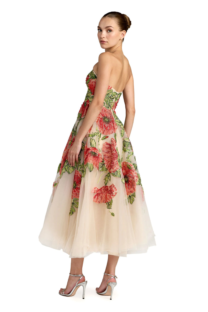 Beige Strapless Floral Embroidered Midi Dress