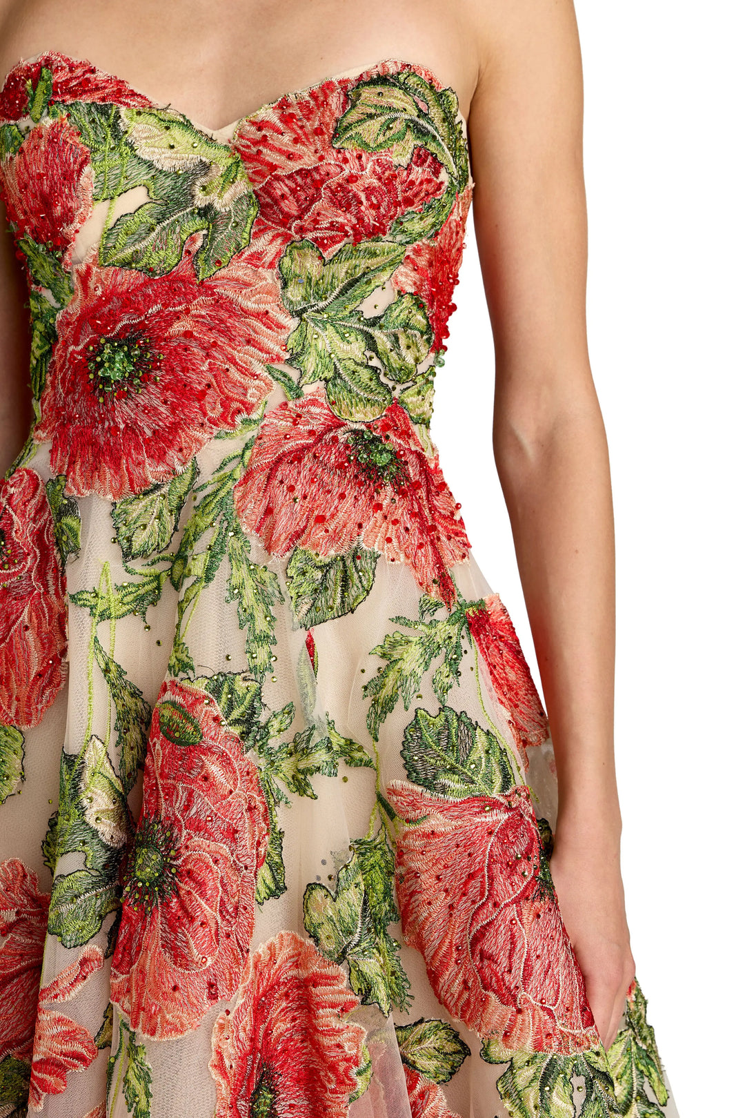 Beige Strapless Floral Embroidered Midi Dress