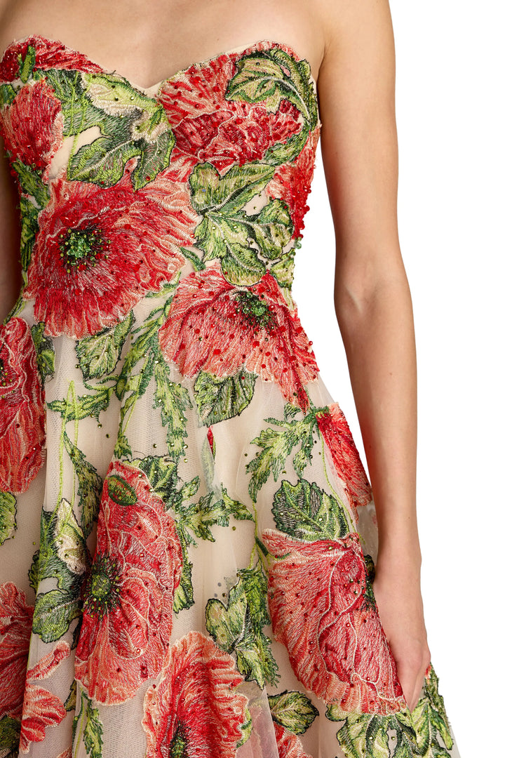 Beige Strapless Floral Embroidered Midi Dress