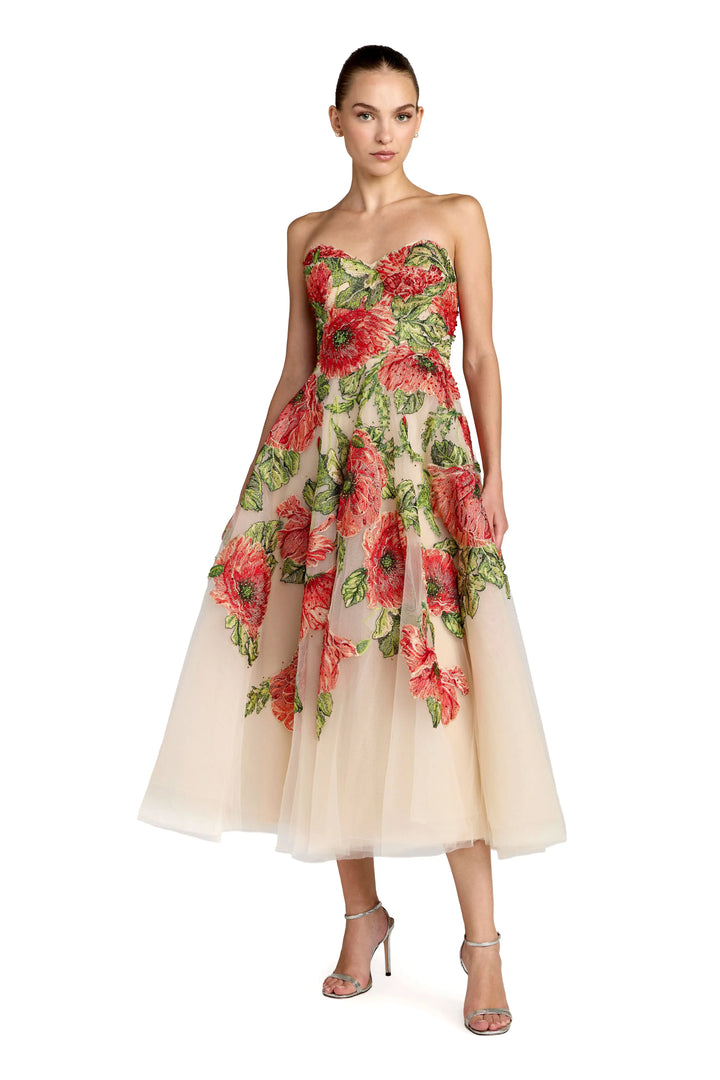 Beige Strapless Floral Embroidered Midi Dress