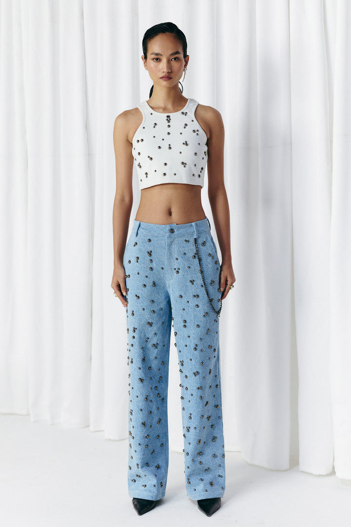 WASHED DENIM STUDDED JEANS