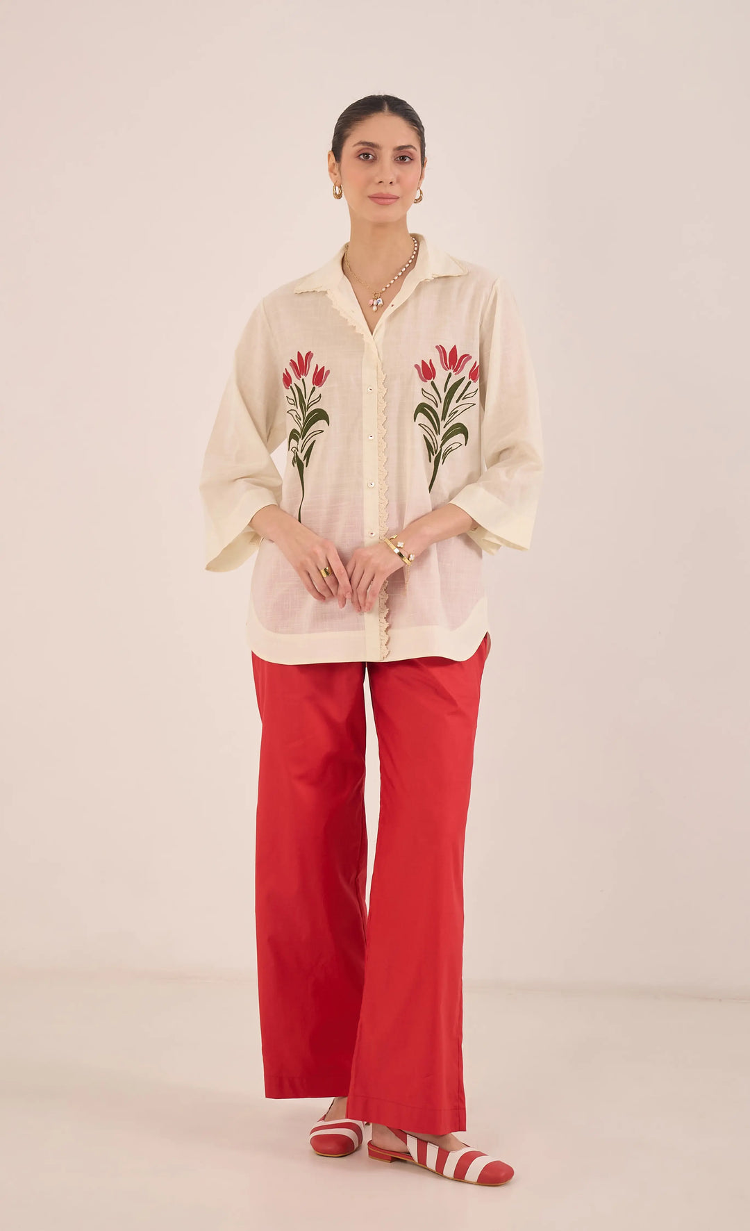 Dal: Cotton Floral Shirt Coord Set - Ivory