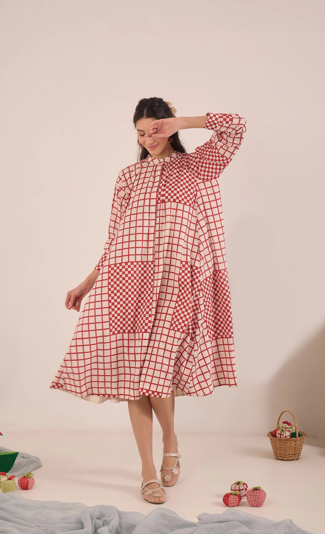 Aarol: Cotton Check Midi Dress
