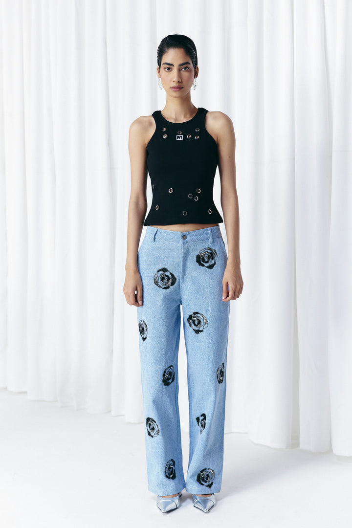 WASHED DENIM EMBELLISHED JEANS