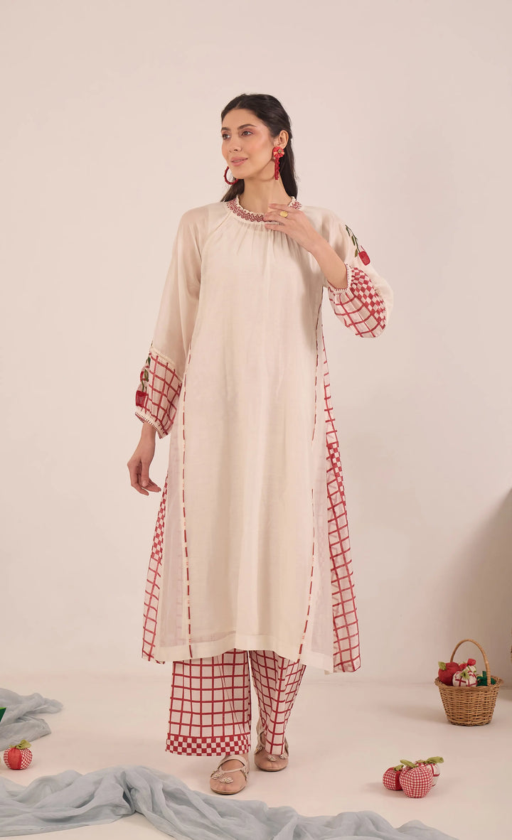 Shirin: Cotton Silk Ivory Red Check Embroidered Kurta Set