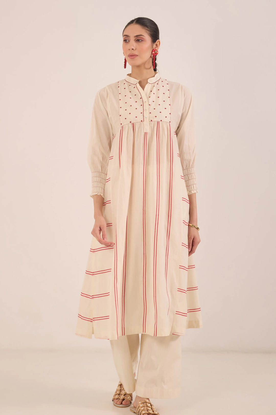 Zoon: Cotton Ivory Bead Stripe Kurta Set