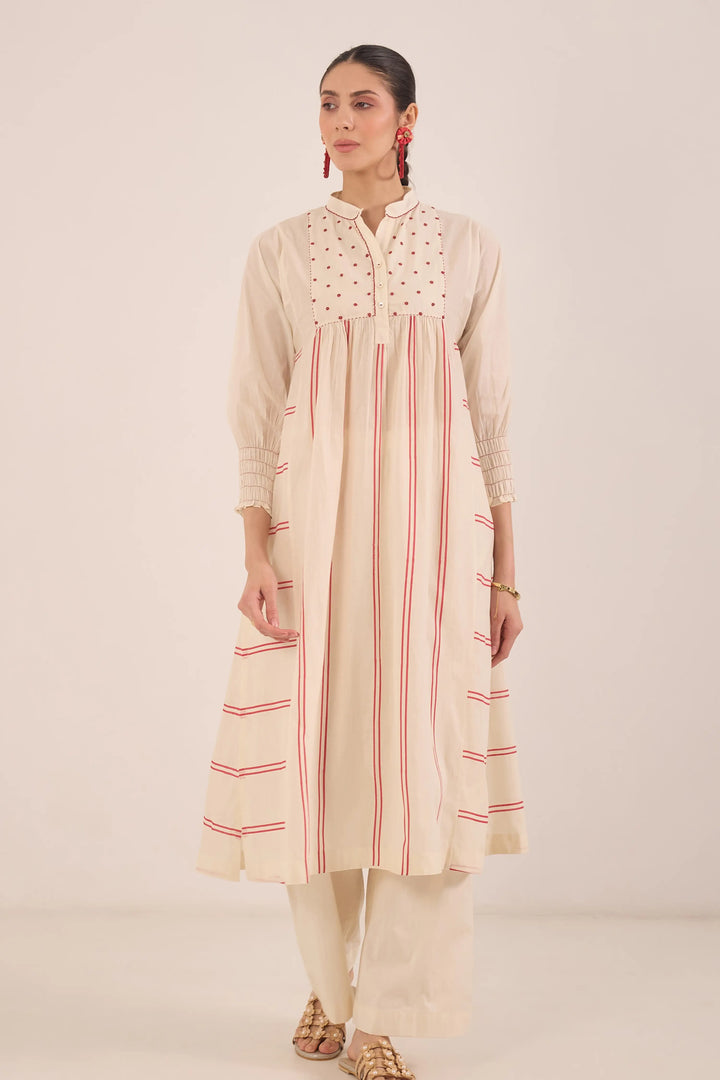 Zoon: Cotton Ivory Bead Stripe Kurta Set