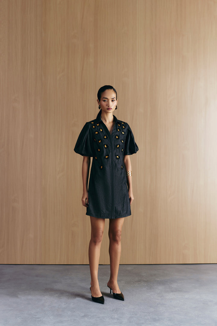 BLACK DENIM EMBELLISHED DRESS