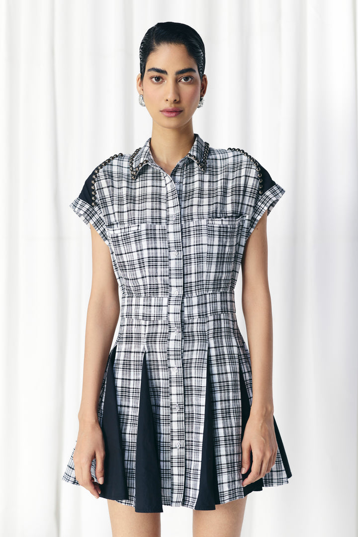 CHECK & SOLID PANEL STUDDED DRESS