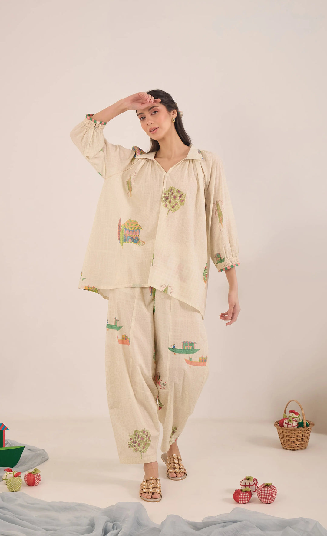 Gulposh: Cotton Raglan Sleeve With Boat Pant Coord Set