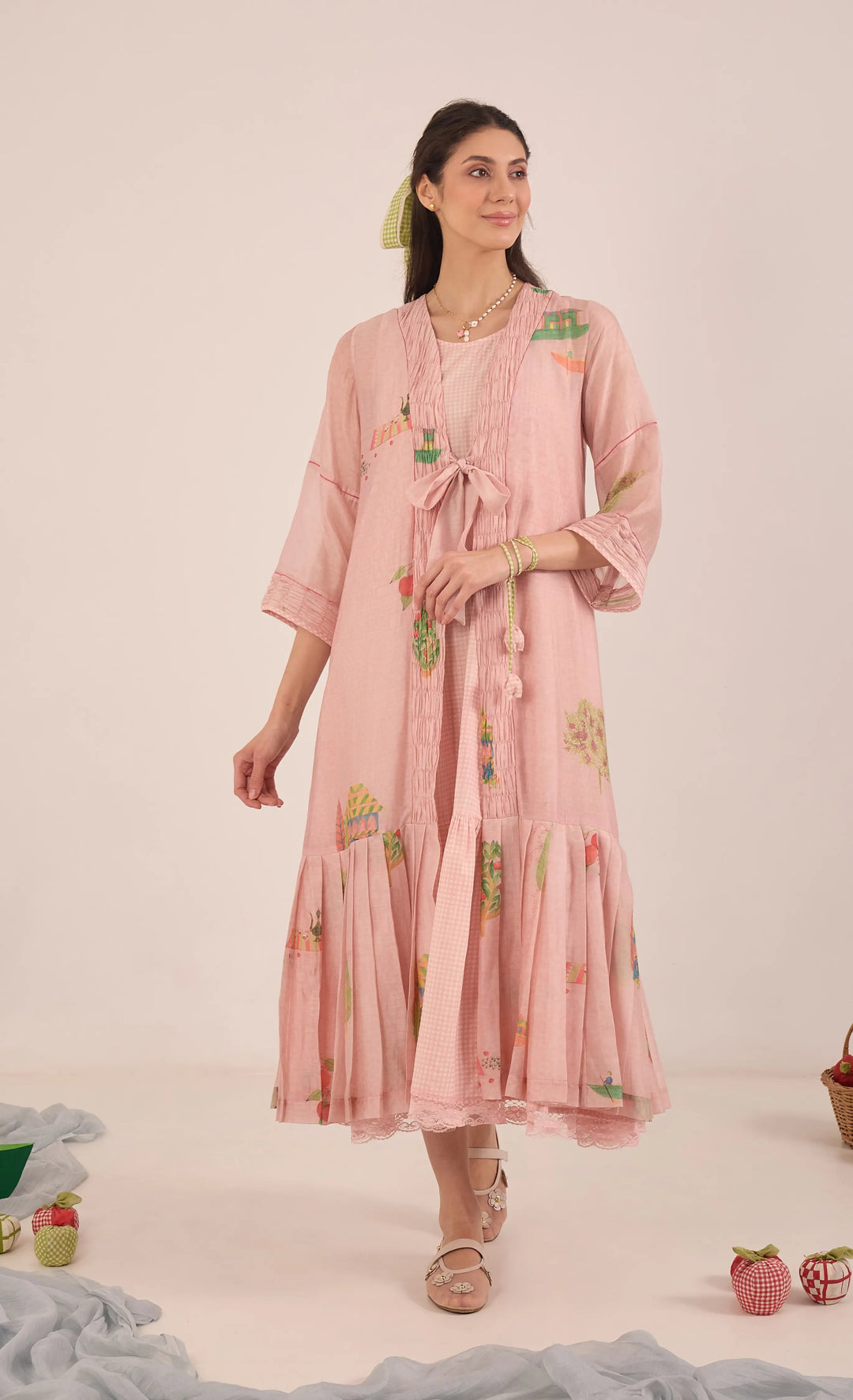 Gulposh: Cotton Silk Pleated Jacket Dress With Cotton Check Inner - Pink
