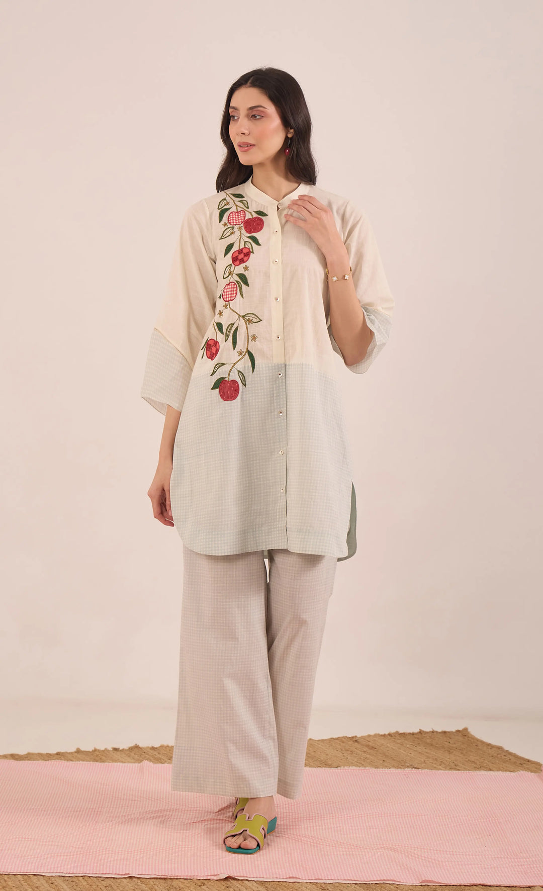 Poma: Cotton Shepherd Check With Apples Tunic- Powder Blue And Ivory