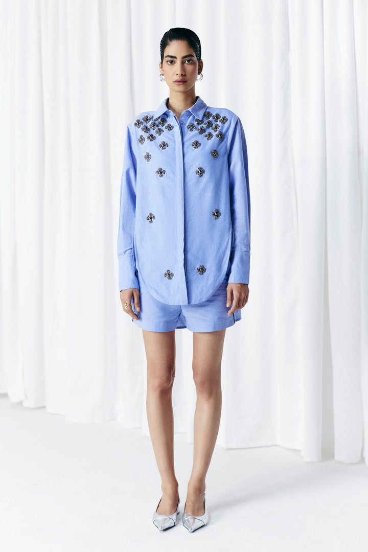 CHAMBRAY FLORAL EMBELLISHED SHIRT