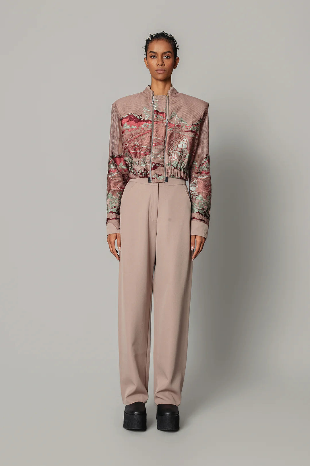 Brown Hokusai embroidered Double Zipper Bomber Set