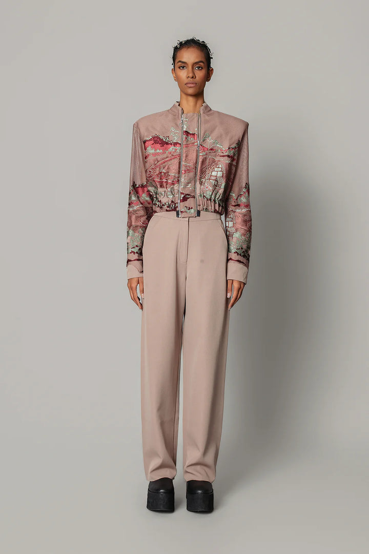 Brown Hokusai embroidered Double Zipper Bomber Set