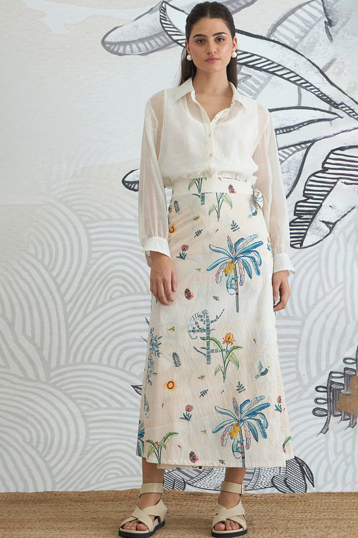 White Shirt With Jungle Wrap Skirt