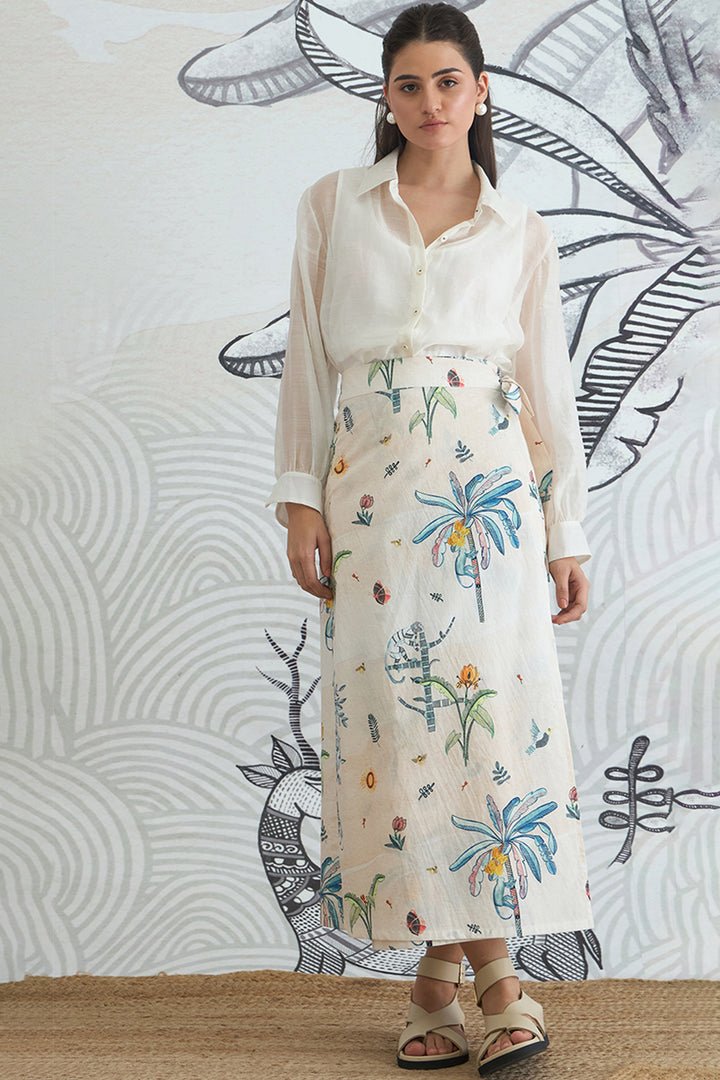 White Shirt With Jungle Wrap Skirt