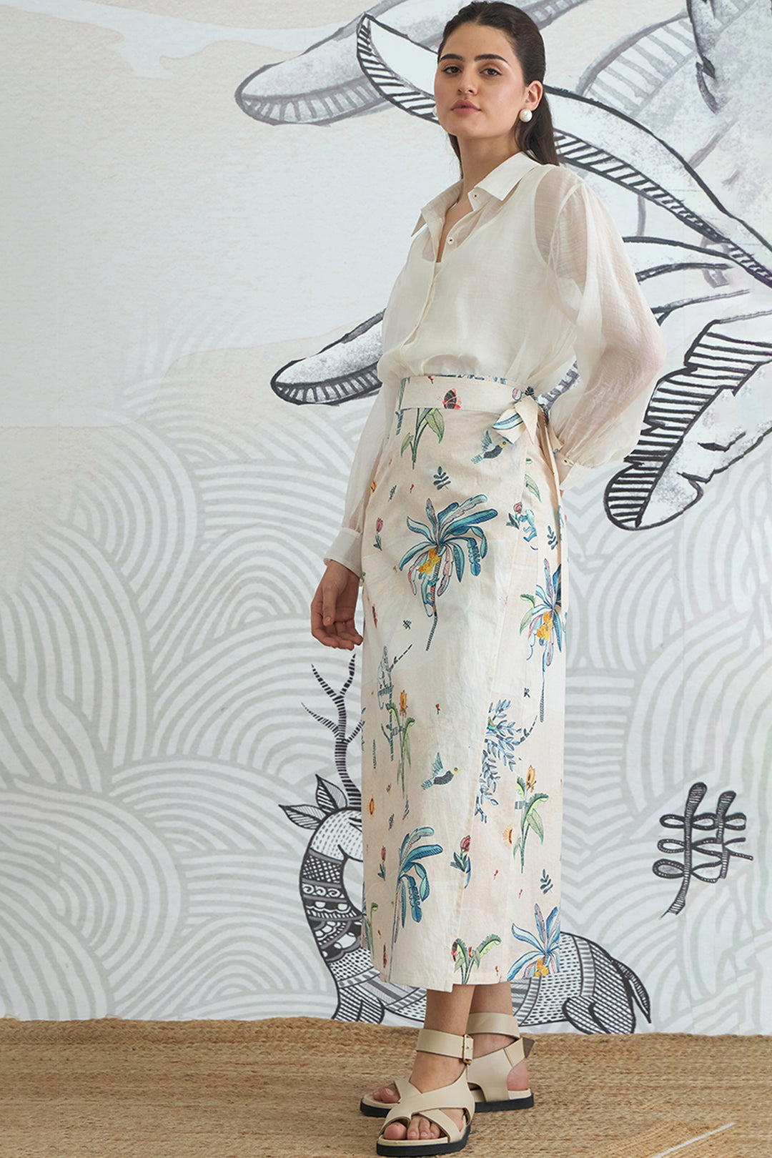 White Shirt With Jungle Wrap Skirt