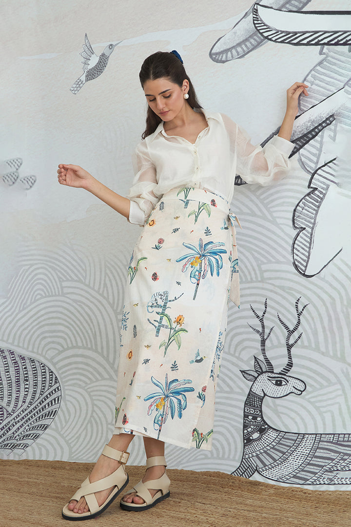 White Shirt With Jungle Wrap Skirt