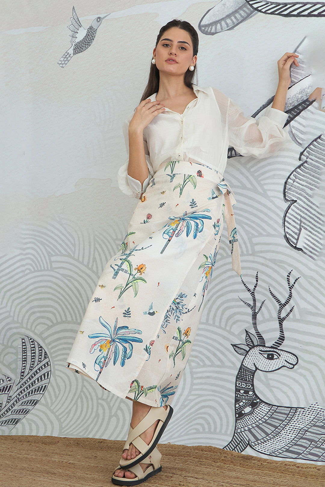 White Shirt With Jungle Wrap Skirt