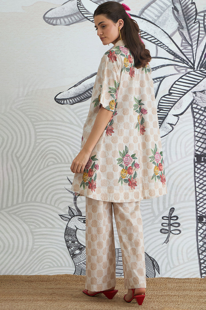 Beige Check Flower Box Pleat Dress With Pants