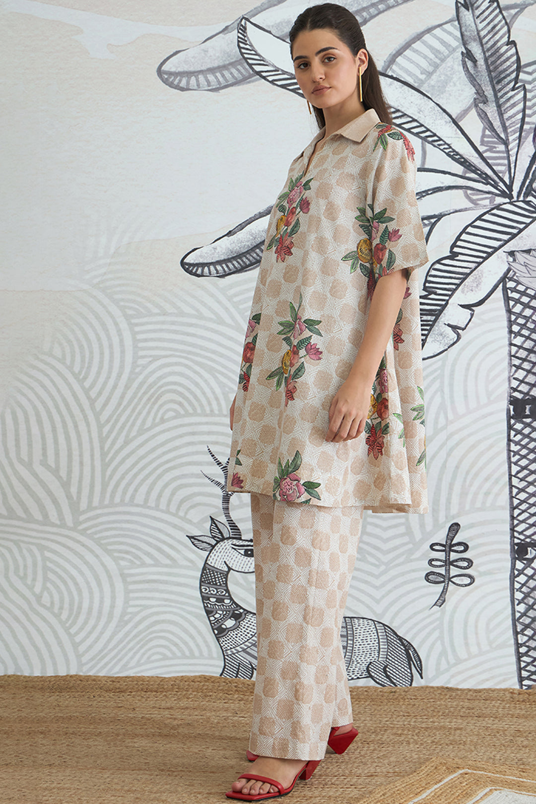 Beige Check Flower Box Pleat Dress With Pants