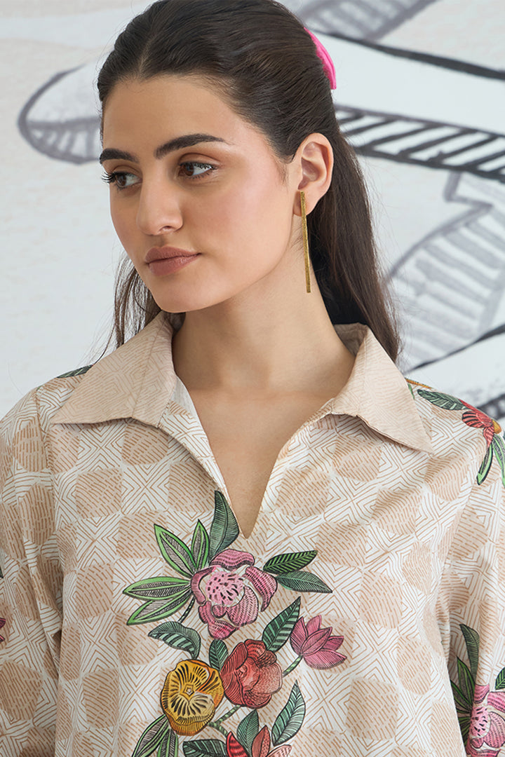 Beige Check Flower Box Pleat Dress With Pants