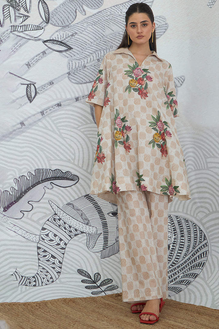 Beige Check Flower Box Pleat Dress With Pants