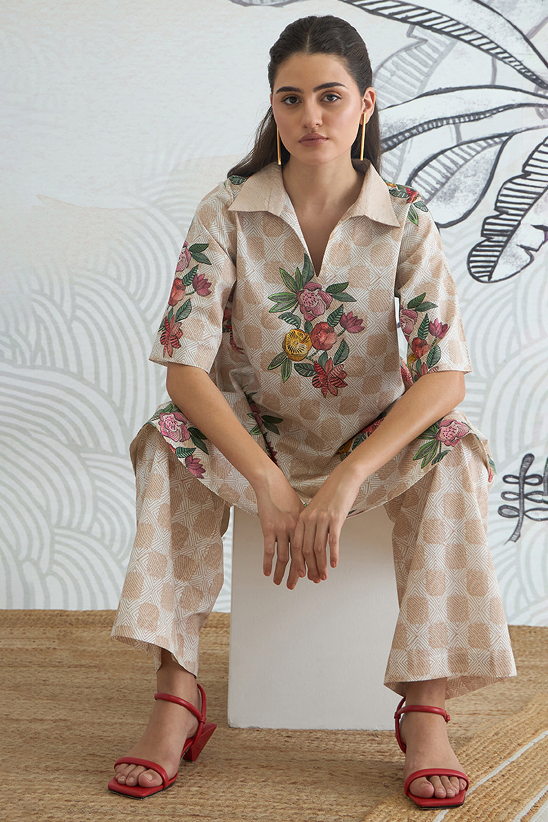 Beige Check Flower Box Pleat Dress With Pants