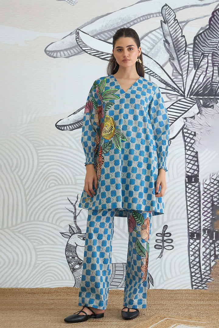 Blue Check Flower Co-ord Set